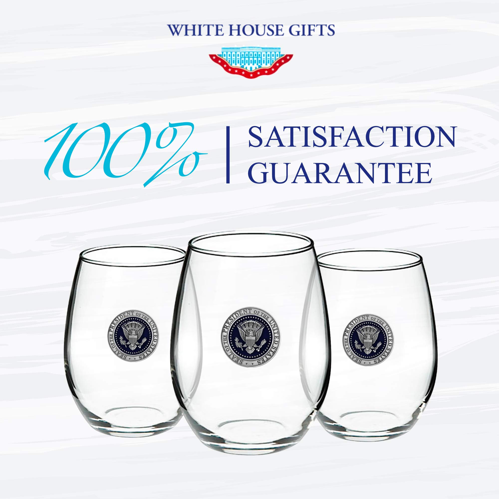 White House Gifts: Presidential Seal Glass Pewter Wine Tumbler (15 oz) Stemless Wine Glass with Fine Pewter Casting on Presidential Symbol - Perfect Souvenir or Home Bar Collectible - Made in the USA_AB