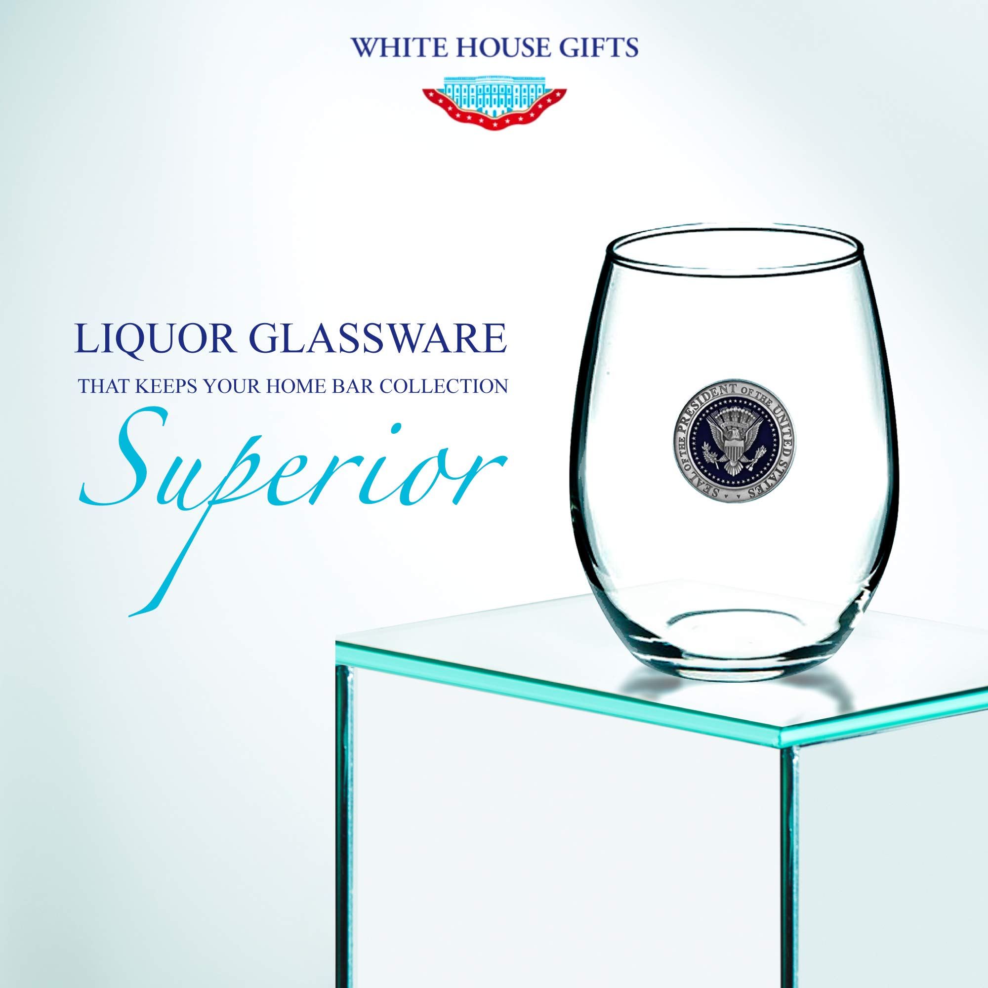 White House Gifts: Presidential Seal Glass Pewter Wine Tumbler (15 oz) Stemless Wine Glass with Fine Pewter Casting on Presidential Symbol - Perfect Souvenir or Home Bar Collectible - Made in the USA_AB