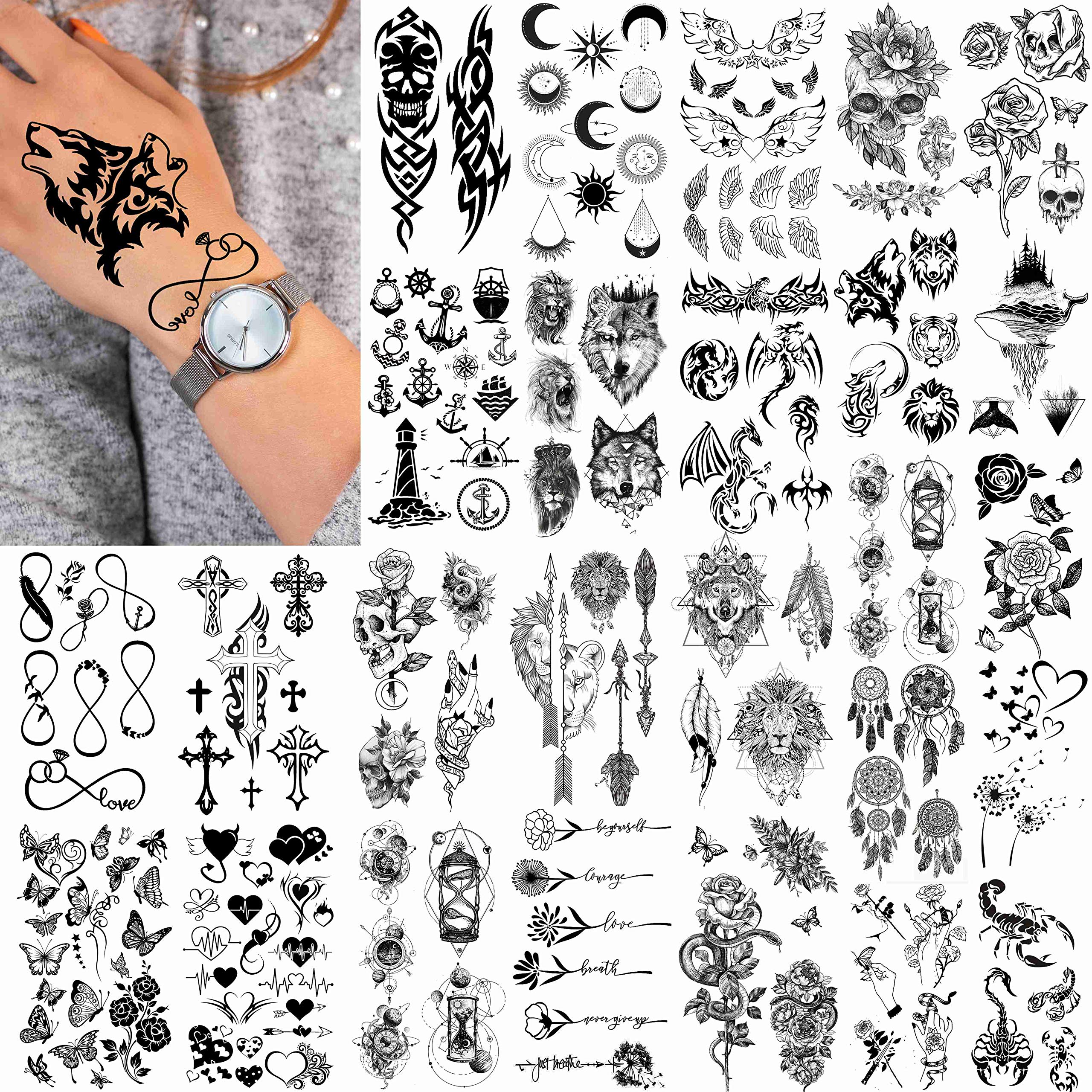 FANRUI 52 Sheets Creative Black Tiny Crown Infinity Triangle Fake Tattoos For Men Women Realistic Stars Letters Tattoos For Kids Tattoos Temporary Waterproof Arm Hand Face Finger Neck Tatoo Stickers