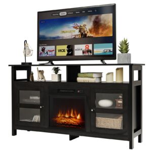 tangkula fireplace tv stand for tvs up to 65 inches, with 18 inches 1400w 5,000 btu electric fireplace with built-in thermostat, 6h timer, adjustable flame & heat, remote control (black)