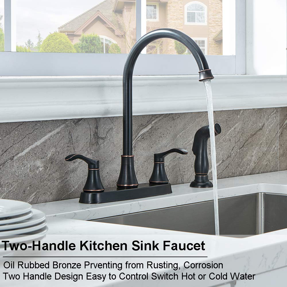 VALISY 3 Hole or 4 Hole 2 Handle Kitchen Faucet with Side Sprayer, Commercial Lead-Free Oil Rubbed Bronze Kitchen Sink Faucets for Rv Kitchen Sinks with High-Arc Spout & Side Sprayer