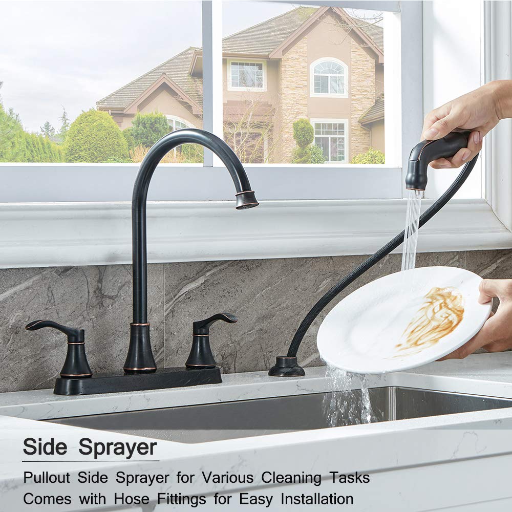 VALISY 3 Hole or 4 Hole 2 Handle Kitchen Faucet with Side Sprayer, Commercial Lead-Free Oil Rubbed Bronze Kitchen Sink Faucets for Rv Kitchen Sinks with High-Arc Spout & Side Sprayer