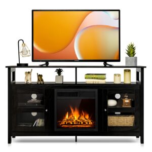 tangkula fireplace tv stand, farmhouse media console table w/18 1500w electric fireplace for flat screen tvs up to 65", modern fireplace space heater w/adjustable brightness & remote control (black)