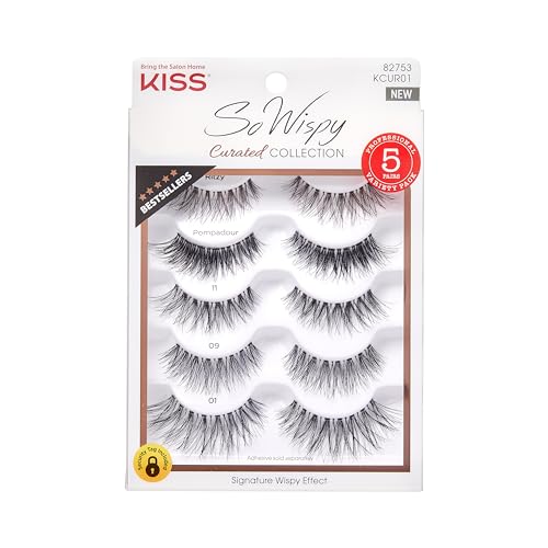 KISS So Wispy Curated Collection of Bestselling False Eyelash Styles Multipack, Volume & Curl, Lash Extensions Look, Signature Wispy Effect, Cruelty Free, Reusable, Contact Lens Friendly, 5-Pair