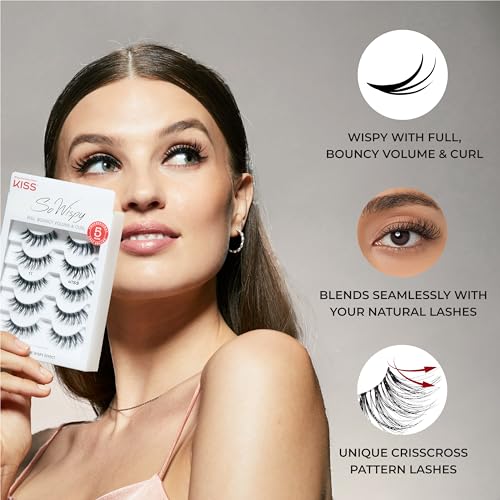 KISS So Wispy Curated Collection of Bestselling False Eyelash Styles Multipack, Volume & Curl, Lash Extensions Look, Signature Wispy Effect, Cruelty Free, Reusable, Contact Lens Friendly, 5-Pair