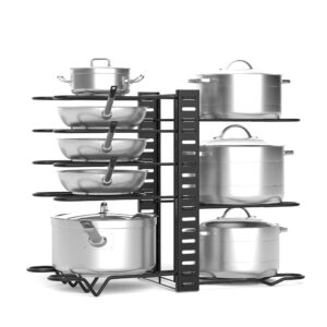 ZHOHO TANT Pan Organizer Rack for Cabinet Pot Rack with 3 DIY Methods 8 Tiers Adjustable Pots and Pans Organizer under Cabinet for Kitchen Counter (Black Steel)