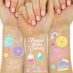 xo, fetti donut party valentine's day supplies temporary tattoos - 48 glitter styles | dessert birthday, ice cream, cupcake, candy, vday
