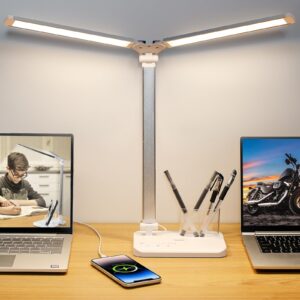 ivict dual swing arm led desk lamps, 5 light modes x 10 brightness levels desk light with usb charging port, 45 minutes auto timer table lamp, desk lamp for home office, bedroom, reading/study