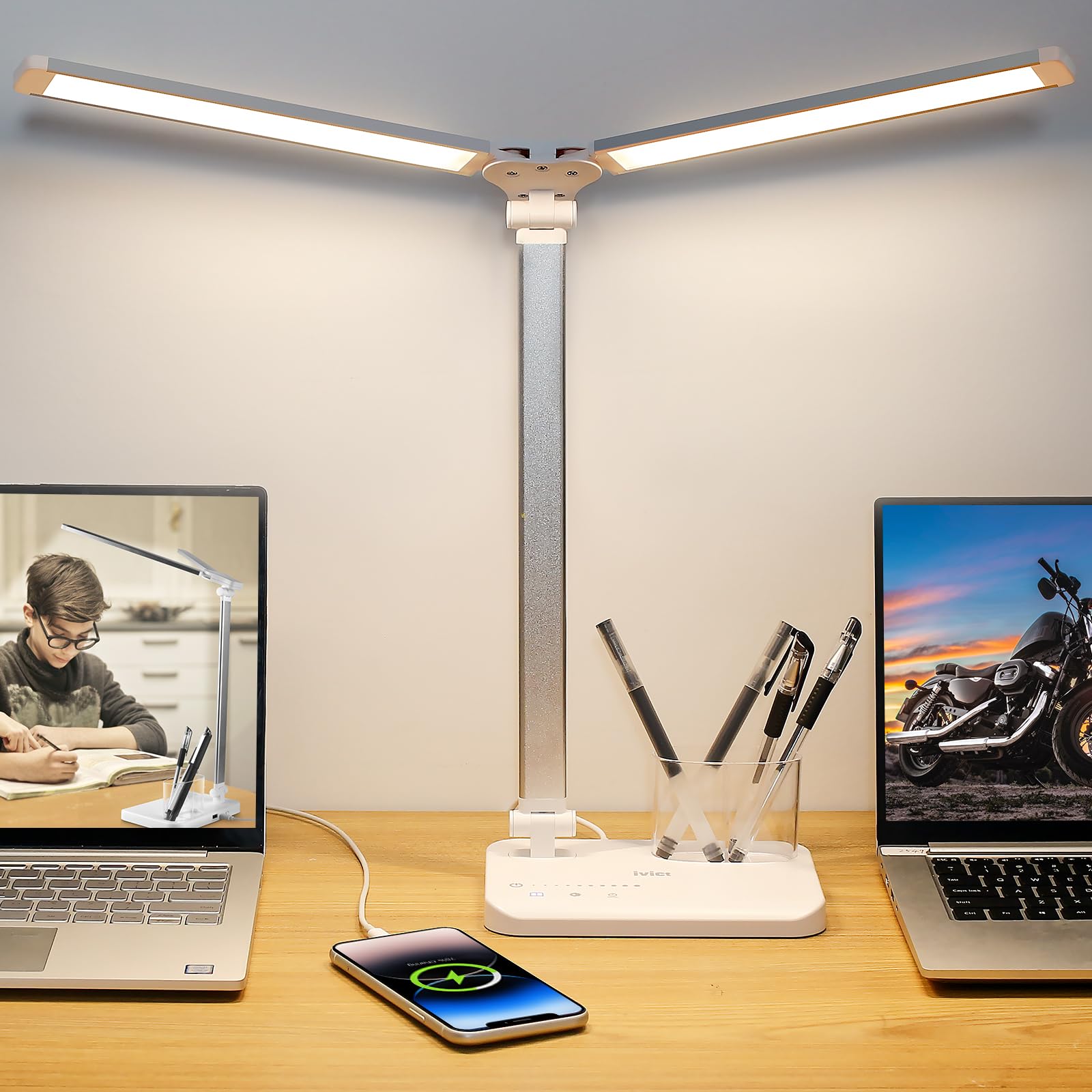 iVict Dual Swing Arm LED Desk Lamps, 5 Light Modes x 10 Brightness Levels Desk Light with USB Charging Port, 45 Minutes Auto Timer Table Lamp, Desk Lamp for Home Office, Bedroom, Reading/Study