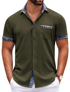 coofandy men's short sleeve dress shirt slim fit button down summer shirt army green