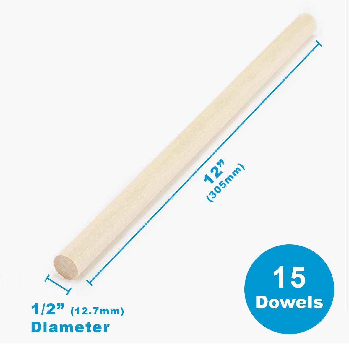 Wooden Dowel Rods 1/2 inch x 12 inch for Crafting and Macrame 15 Pack by Craftiff