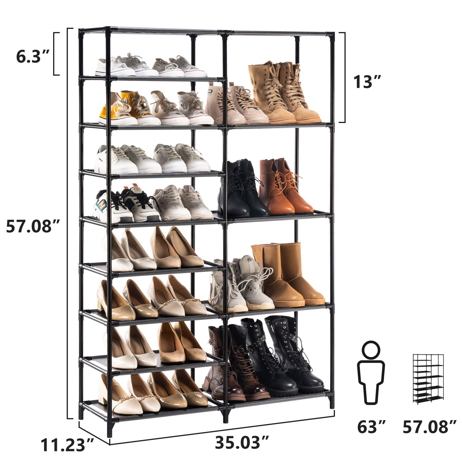 YOUDENOVA Shoe Rack, 9 Tier Shoe Rack Storage for Closet Entryway, Non-Woven Fabric Large Shoe Shelf,Stackable Shoes Organizer for Boots (Black)