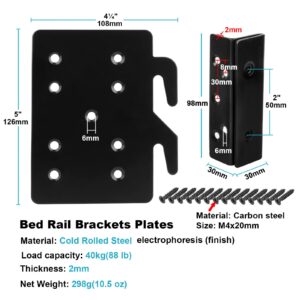 GBGS 4 Sets Bed Frame Bed Post Double Hook Slot Bracket, Cold Rolled Steel 5" ×4¼", Thickness 2 mm,Heavy Duty for Bed Rail Hooks Plates Bed Accessories, Screws Included