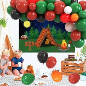 vansolinne camping party decorations camping adventure happy camper night forest campfire tent scene backdrop banner & balloons garland kit, theme birthday classroom decor background photo props