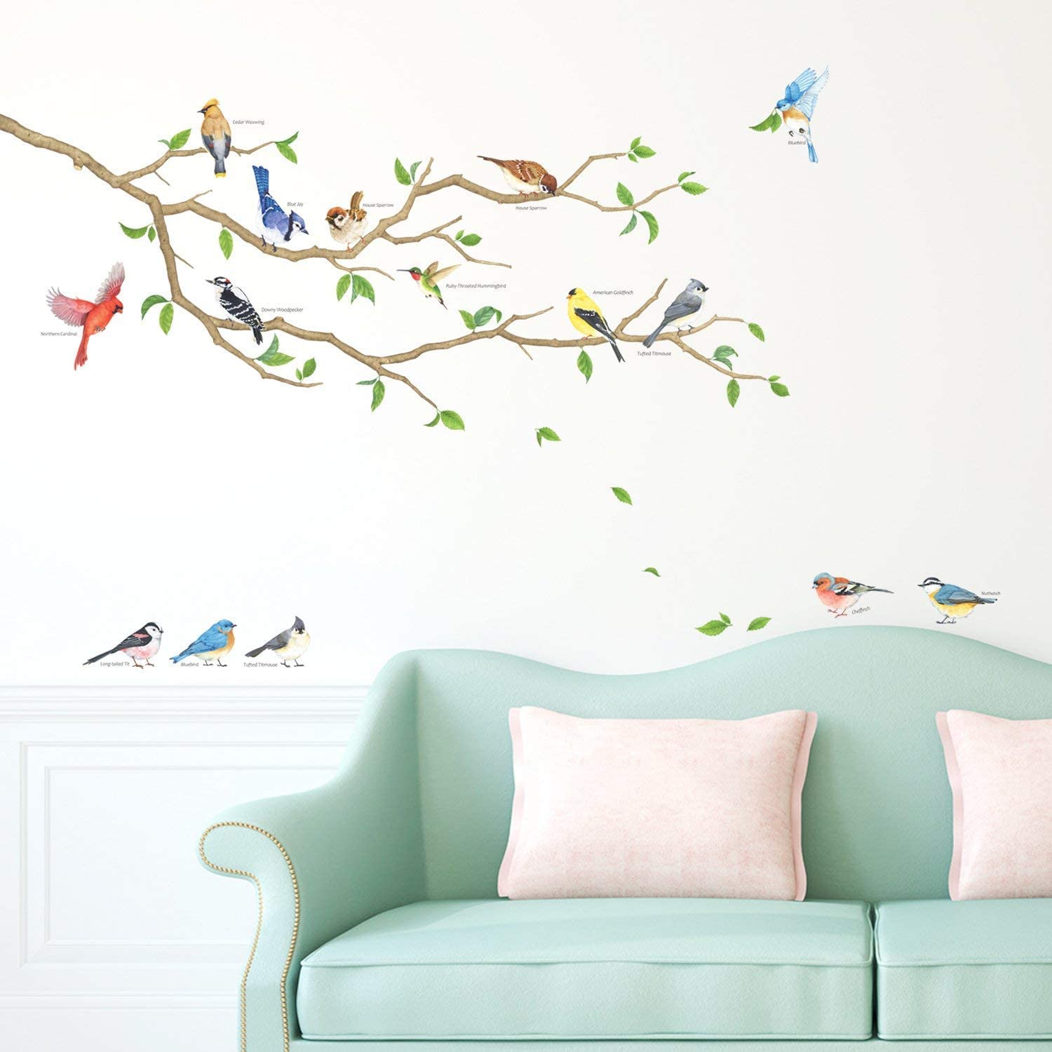 DECOWALL DWL-2015 Garden Birds Wall Stickers Wall Decals Peel and Stick Removable Wall Stickers for Kids Nursery Bedroom Living Room