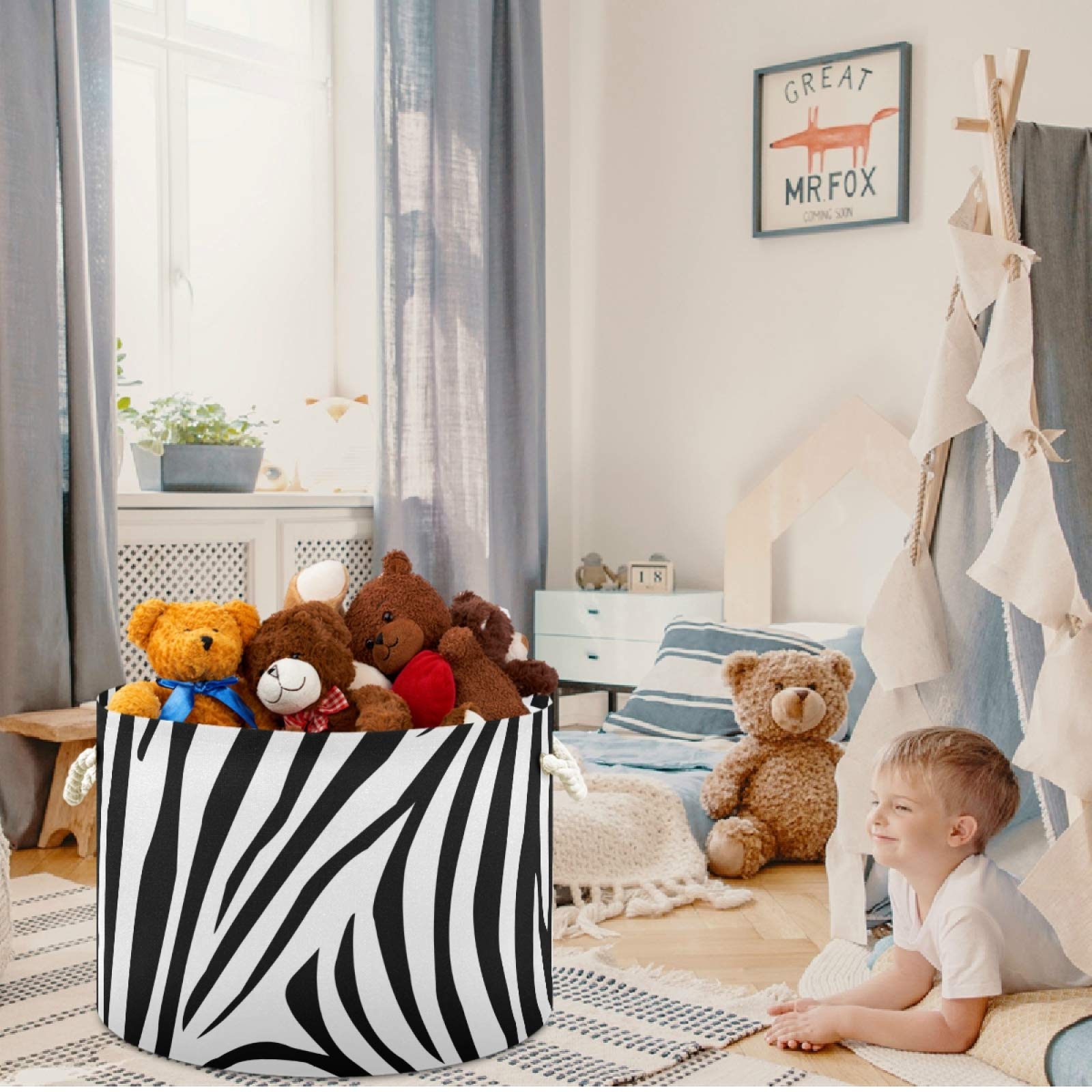 visesunny Collapsible Large Capacity Basket Animal Zebra Stripe Clothes Toy Storage Hamper with Durable Cotton Handles Home Organizer Solution for Bathroom, Bedroom, Nursery, Laundry,Closet