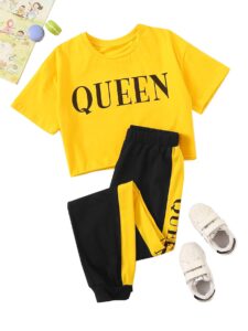 floerns girls 2 piece letter graphic short sleeve crop top and legging set yellow and black 10y