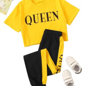 Floerns Girls 2 Piece Letter Graphic Short Sleeve Crop Top and Legging Set Yellow and Black 10Y