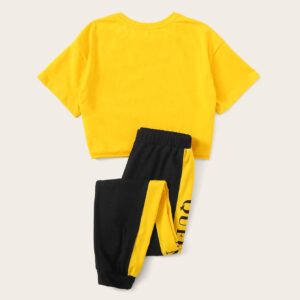 Floerns Girls 2 Piece Letter Graphic Short Sleeve Crop Top and Legging Set Yellow and Black 10Y