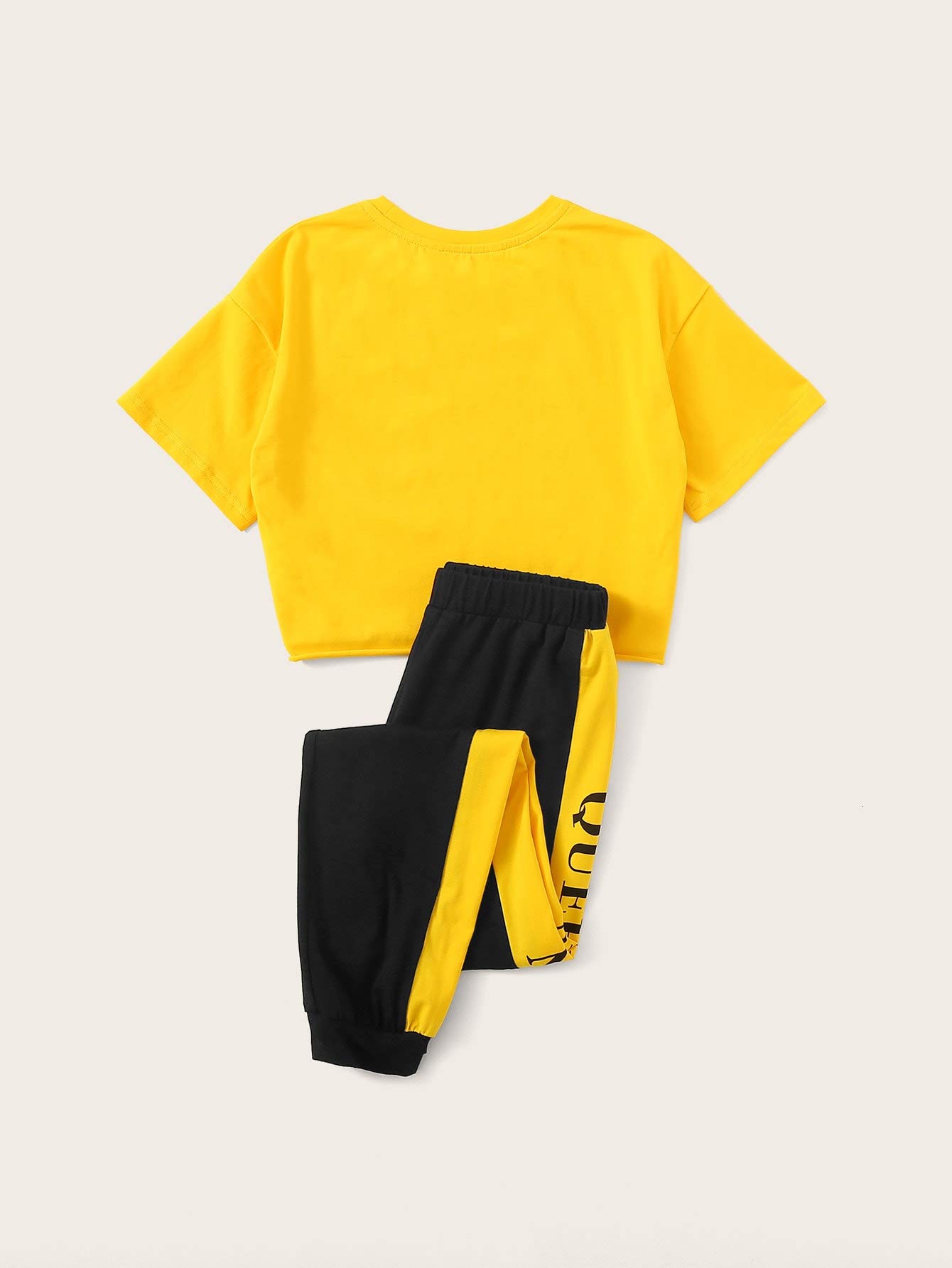 Floerns Girls 2 Piece Letter Graphic Short Sleeve Crop Top and Legging Set Yellow and Black 10Y