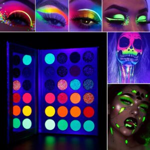BEUSELF Neon Eyeshadow Palette, 24 Colors Highly Pigmented Fluorescent Makeup Pallet Glow in the Dark, UV Glow Blacklight Matte Glitter Rainbow Eye Shadows for Luminous Carnival Party Halloween Makeup