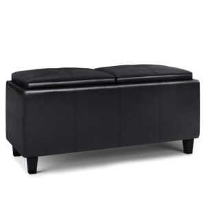 simplihome avalon 42 inch wide contemporary rectangle 2 tray storage ottoman in midnight black vegan faux leather, for the living room, entryway and family room
