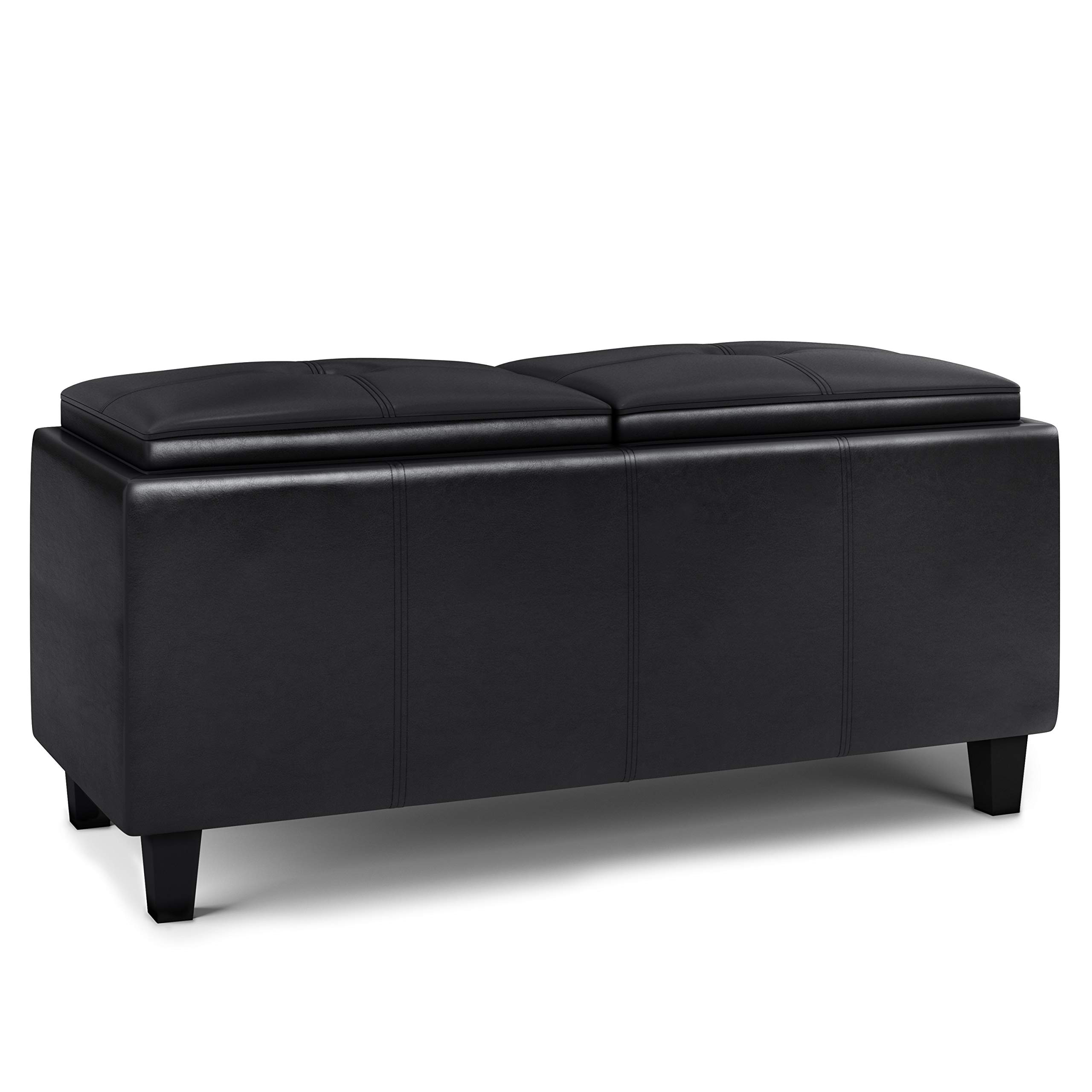 SIMPLIHOME Avalon 42 Inch Wide Contemporary Rectangle 2 Tray Storage Ottoman in Midnight Black Vegan Faux Leather, For the Living Room, Entryway and Family Room