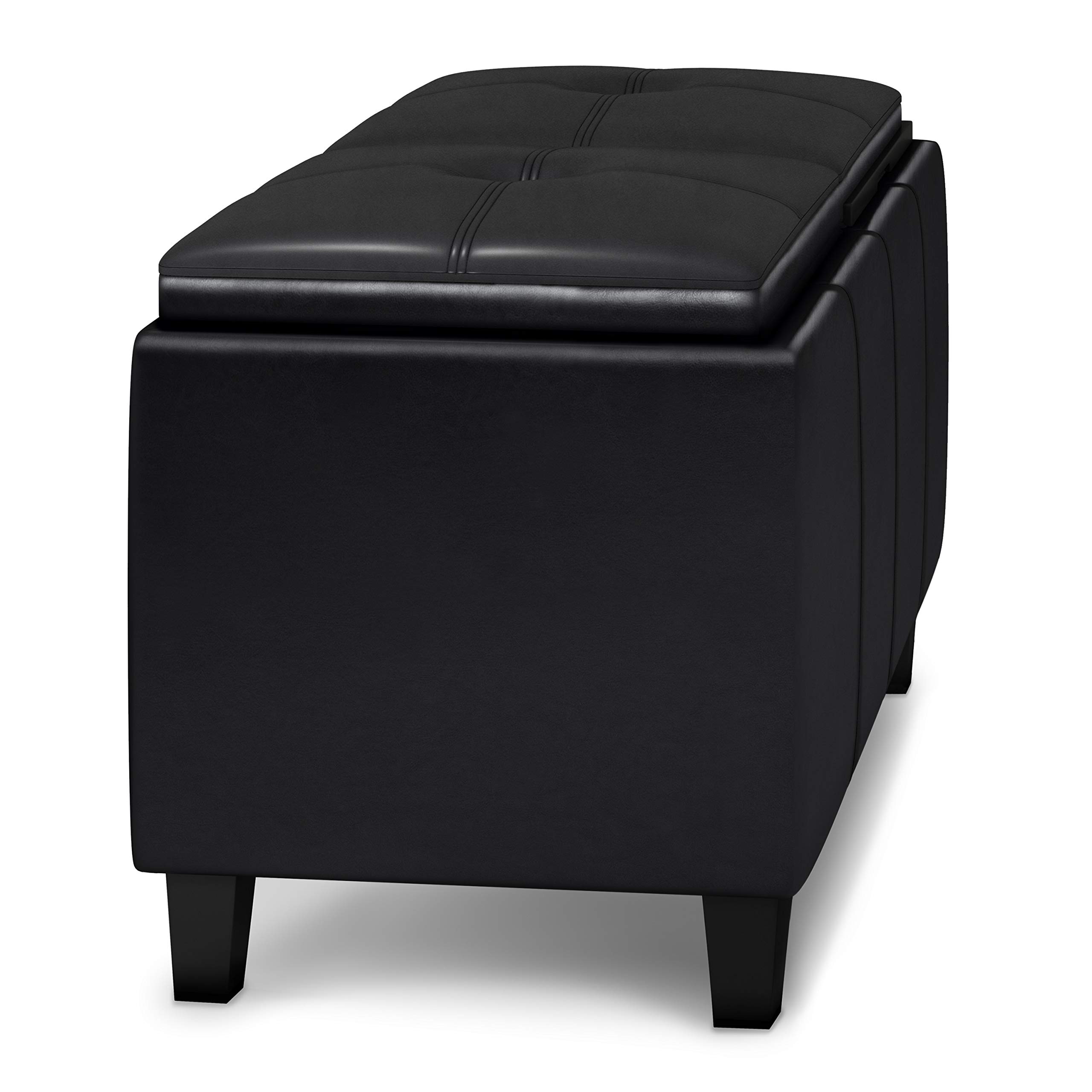 SIMPLIHOME Avalon 42 Inch Wide Contemporary Rectangle 2 Tray Storage Ottoman in Midnight Black Vegan Faux Leather, For the Living Room, Entryway and Family Room