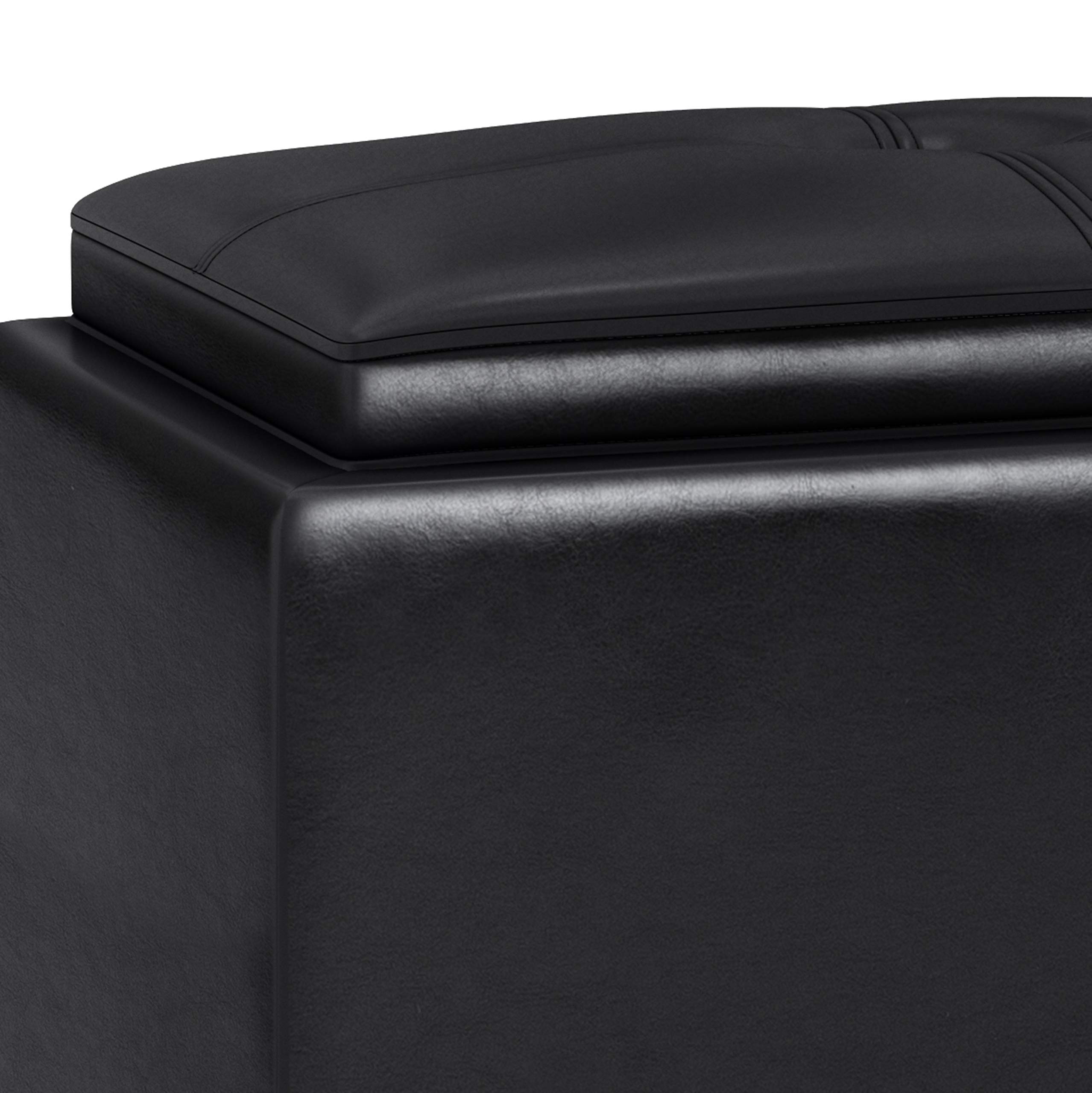 SIMPLIHOME Avalon 42 Inch Wide Contemporary Rectangle 2 Tray Storage Ottoman in Midnight Black Vegan Faux Leather, For the Living Room, Entryway and Family Room