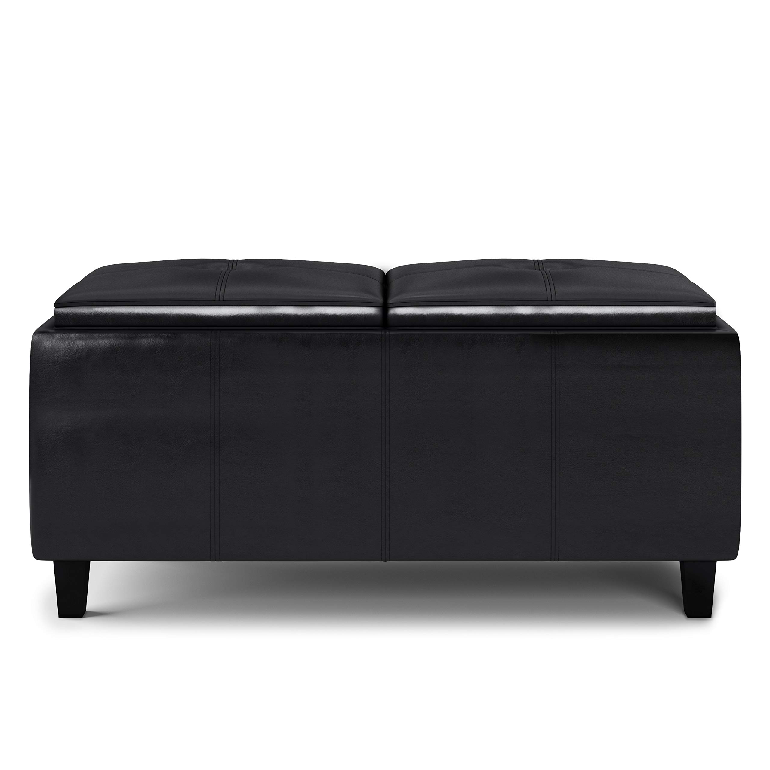 SIMPLIHOME Avalon 42 Inch Wide Contemporary Rectangle 2 Tray Storage Ottoman in Midnight Black Vegan Faux Leather, For the Living Room, Entryway and Family Room