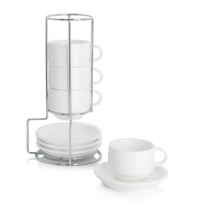 sweese 2.5 ounce porcelain stackable espresso cups with saucers and metal stand set of 4, white