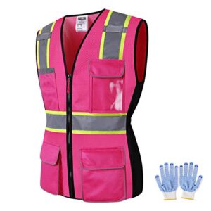 jkwear women safety vest, multi pockets high visibility reflective breathable mesh work vest for lady, durable zipper (small, pink purple)
