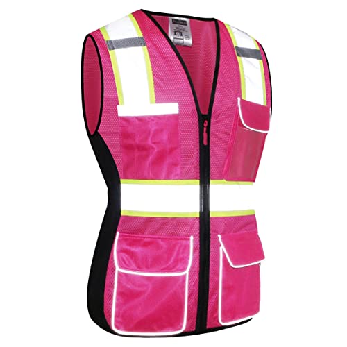 JKWEAR Women Safety Vest, Multi Pockets High Visibility Reflective Breathable Mesh Work Vest For Lady, Durable Zipper (Small, Pink Purple)