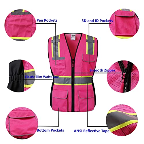 JKWEAR Women Safety Vest, Multi Pockets High Visibility Reflective Breathable Mesh Work Vest For Lady, Durable Zipper (Small, Pink Purple)