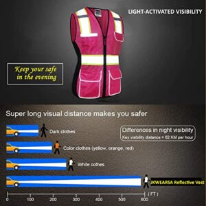 JKWEAR Women Safety Vest, Multi Pockets High Visibility Reflective Breathable Mesh Work Vest For Lady, Durable Zipper (Small, Pink Purple)