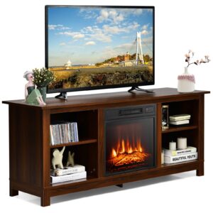 tangkula fireplace tv stand for tvs up to 65 inches, with 18 inches 1400w 5,000 btu electric fireplace insert, adjustable flame brightness & heat, timer and remote control (walnut)