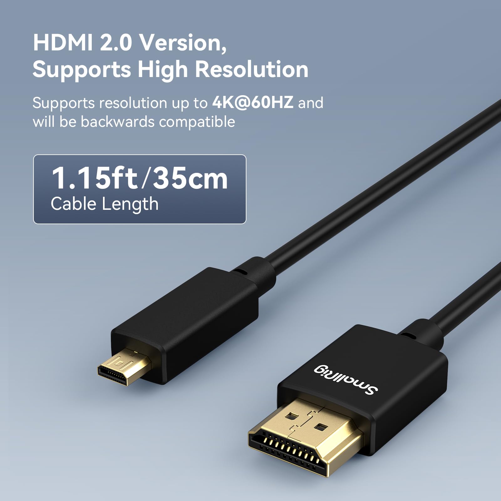 SMALLRIG Micro Ultra Thin HDMI Cable 35cm/1.15Ft (D to A), Super Flexible Slim High Speed 4K 60Hz HDR 2.0, Fit for Sony A7RIII / A6600 / A6500, for FUJIFILM X-T3 / X-T4, for GoPro Hero 7/6/5-3042B