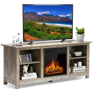 tangkula fireplace tv stand for tvs up to 65 inches, 58 inches media console table w/fireplace, 1500w electric fireplace stove tv storage cabinet w/remote control, adjustable brightness & heat