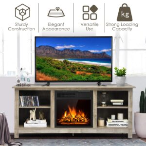 Tangkula Fireplace TV Stand for TVs up to 65 Inches, 58 Inches Media Console Table w/Fireplace, 1500W Electric Fireplace Stove TV Storage Cabinet w/Remote Control, Adjustable Brightness & Heat