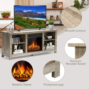 Tangkula Fireplace TV Stand for TVs up to 65 Inches, 58 Inches Media Console Table w/Fireplace, 1500W Electric Fireplace Stove TV Storage Cabinet w/Remote Control, Adjustable Brightness & Heat