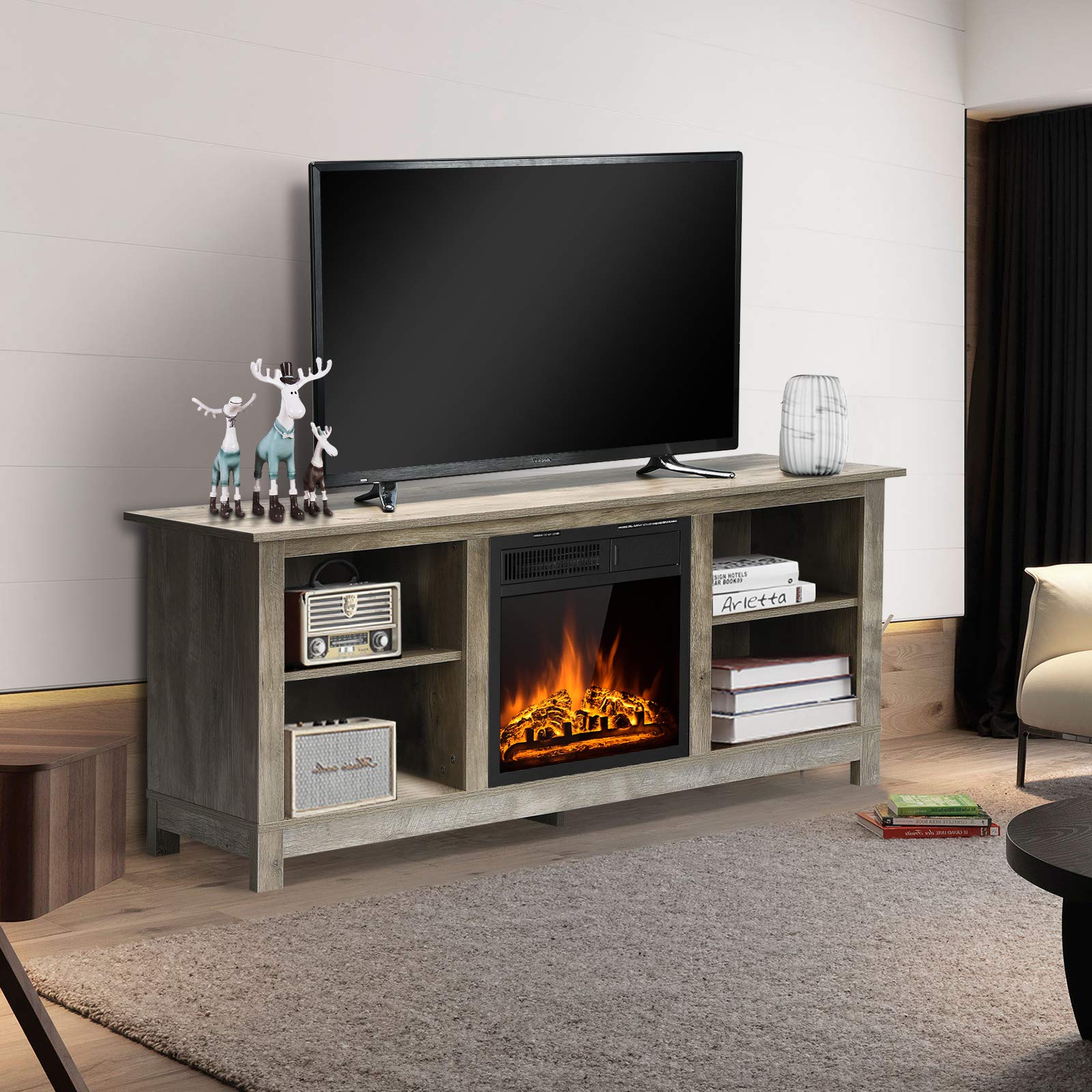 Tangkula Fireplace TV Stand for TVs up to 65 Inches, 58 Inches Media Console Table w/Fireplace, 1500W Electric Fireplace Stove TV Storage Cabinet w/Remote Control, Adjustable Brightness & Heat