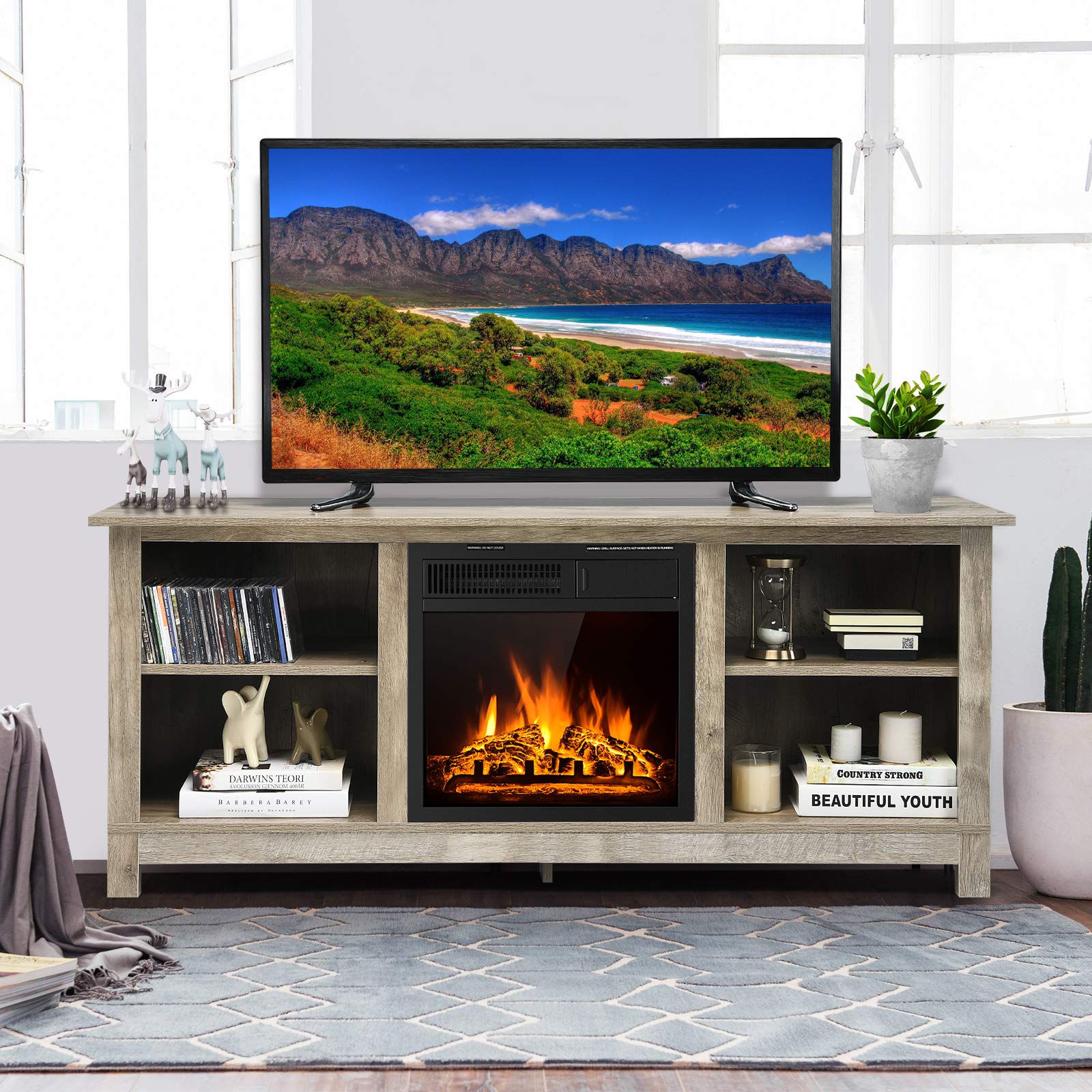 Tangkula Fireplace TV Stand for TVs up to 65 Inches, 58 Inches Media Console Table w/Fireplace, 1500W Electric Fireplace Stove TV Storage Cabinet w/Remote Control, Adjustable Brightness & Heat