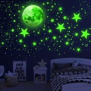 glow in the dark stars for ceiling,glow in the dark stars and moon wall decals, 1108 pcs ceiling stars glow in the dark kids wall decors, perfect for kids nursery bedroom living room(sky blue) (green)