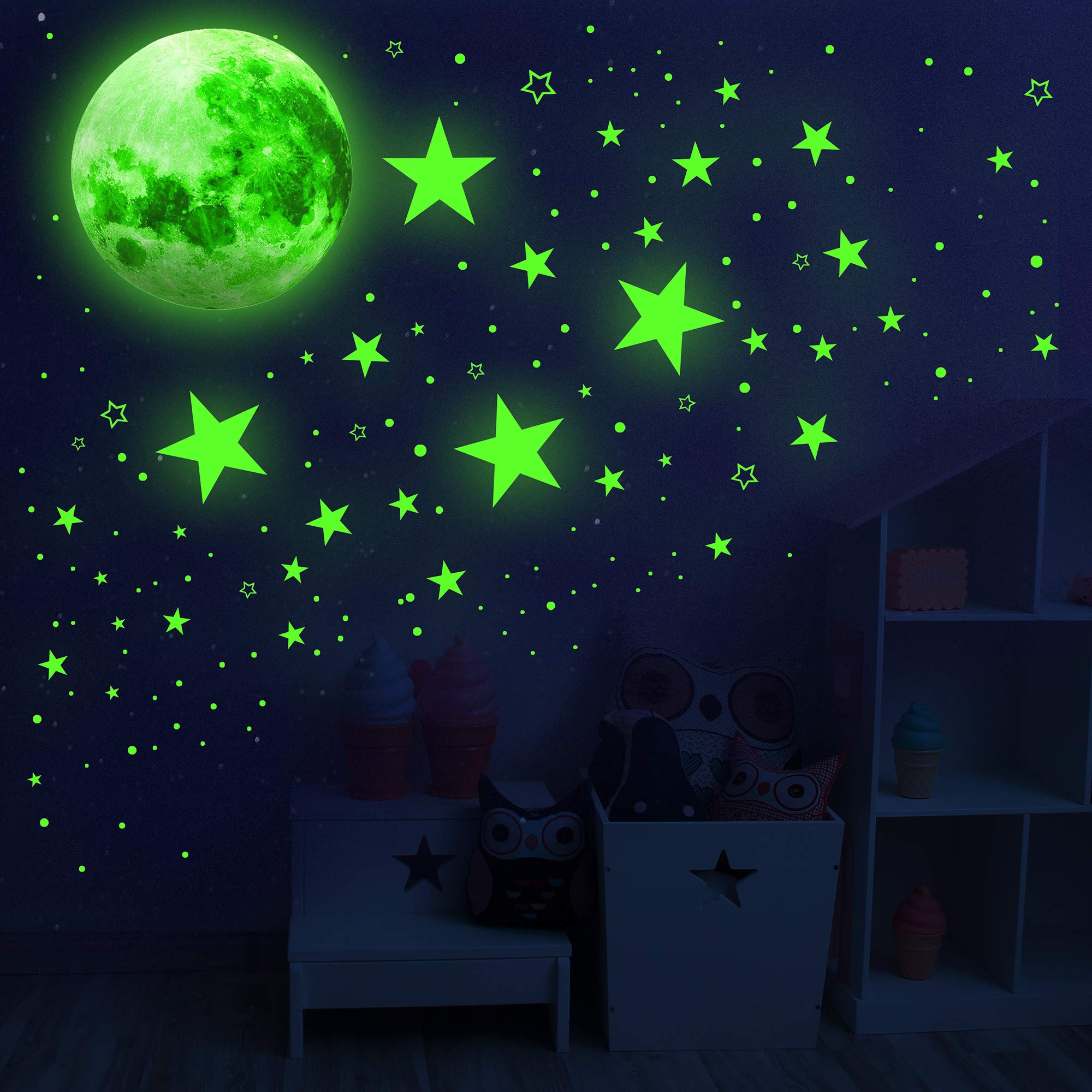 Glow in The Dark Stars for Ceiling,Glow in The Dark Stars and Moon Wall Decals, 1108 Pcs Ceiling Stars Glow in The Dark Kids Wall Decors, Perfect for Kids Nursery Bedroom Living Room(Sky Blue) (Green)