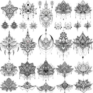 egmbgm 15 sheets sexy black lotus temporary tattoos for women wedding brides, tribal fake jewelry pendant lace moon moth flowers temp tattoos temporary sticker for girls arm neck hands tatoos jewels