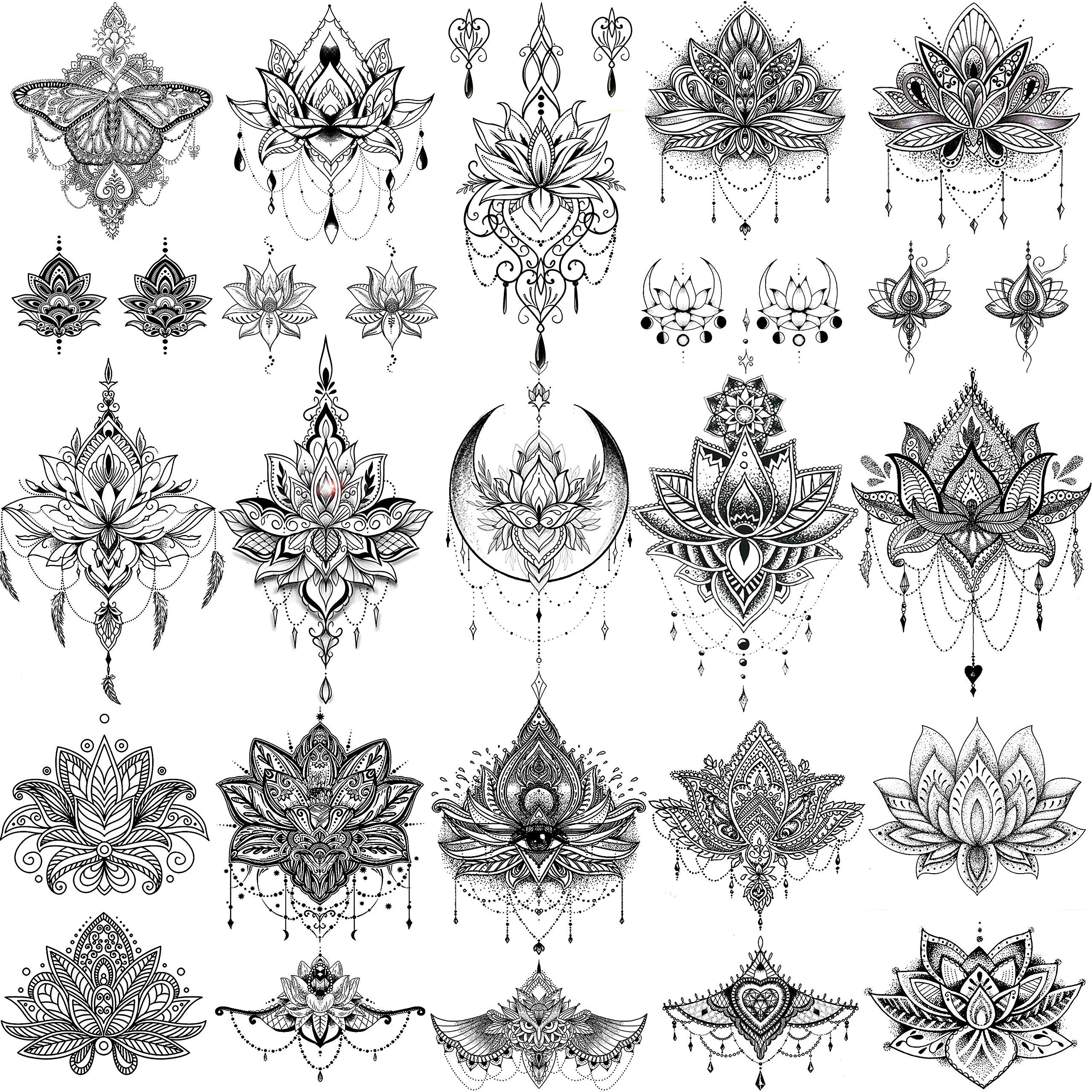 EGMBGM 15 Sheets Sexy Black Lotus Temporary Tattoos For Women Wedding Brides, Tribal Fake Jewelry Pendant Lace Moon Moth Flowers Temp Tattoos Temporary Sticker For Girls Arm Neck Hands Tatoos Jewels