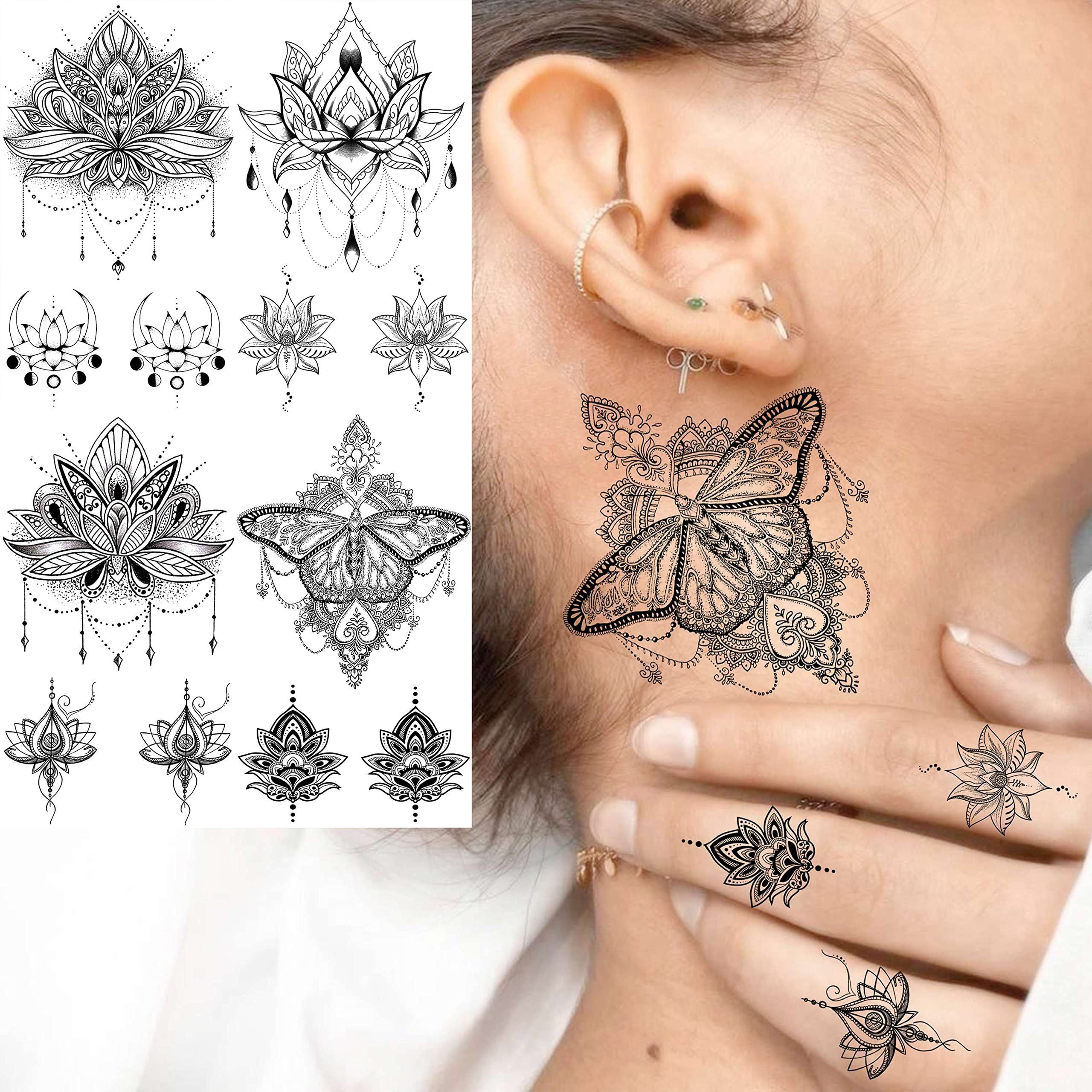 EGMBGM 15 Sheets Sexy Black Lotus Temporary Tattoos For Women Wedding Brides, Tribal Fake Jewelry Pendant Lace Moon Moth Flowers Temp Tattoos Temporary Sticker For Girls Arm Neck Hands Tatoos Jewels