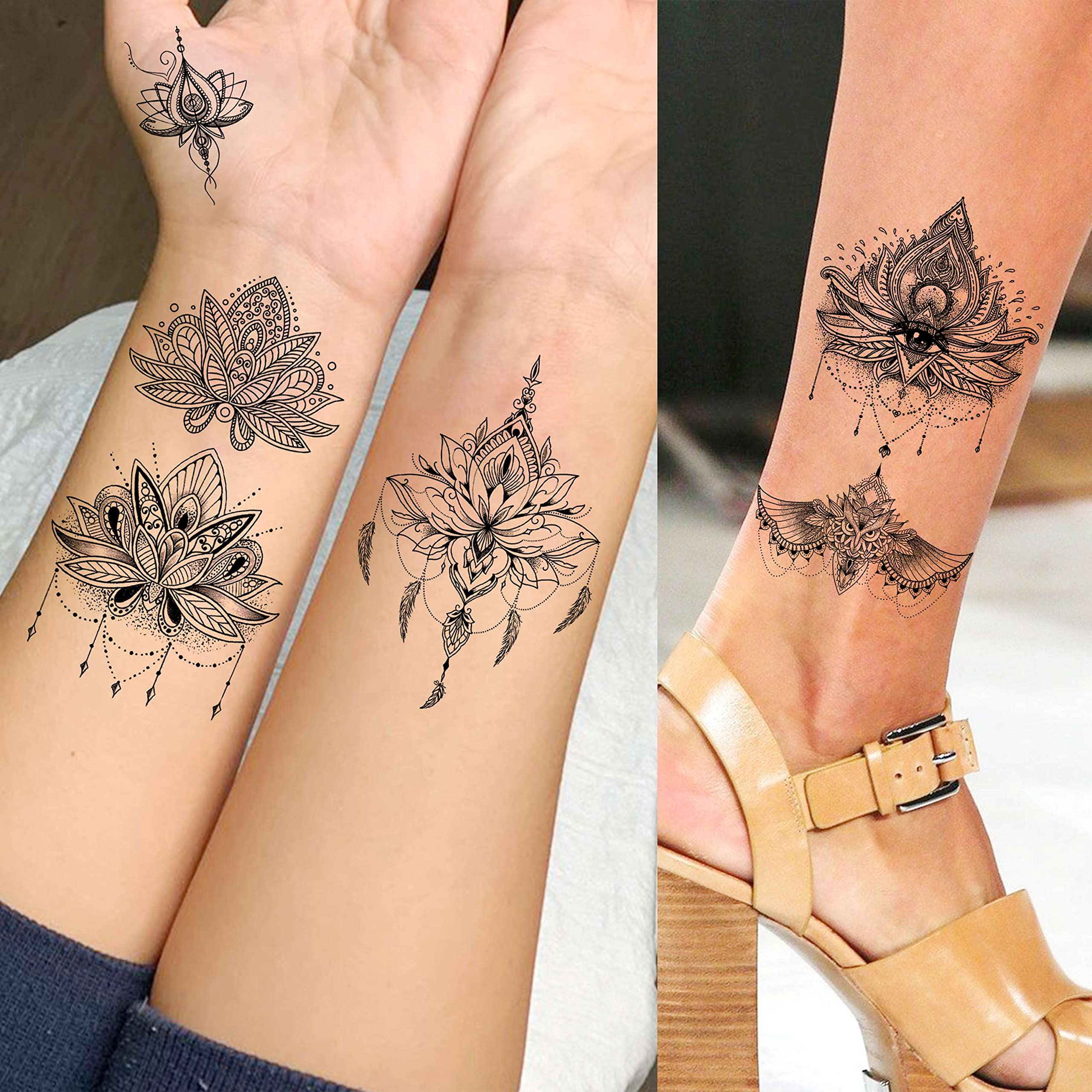 EGMBGM 15 Sheets Sexy Black Lotus Temporary Tattoos For Women Wedding Brides, Tribal Fake Jewelry Pendant Lace Moon Moth Flowers Temp Tattoos Temporary Sticker For Girls Arm Neck Hands Tatoos Jewels