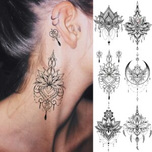 EGMBGM 15 Sheets Sexy Black Lotus Temporary Tattoos For Women Wedding Brides, Tribal Fake Jewelry Pendant Lace Moon Moth Flowers Temp Tattoos Temporary Sticker For Girls Arm Neck Hands Tatoos Jewels