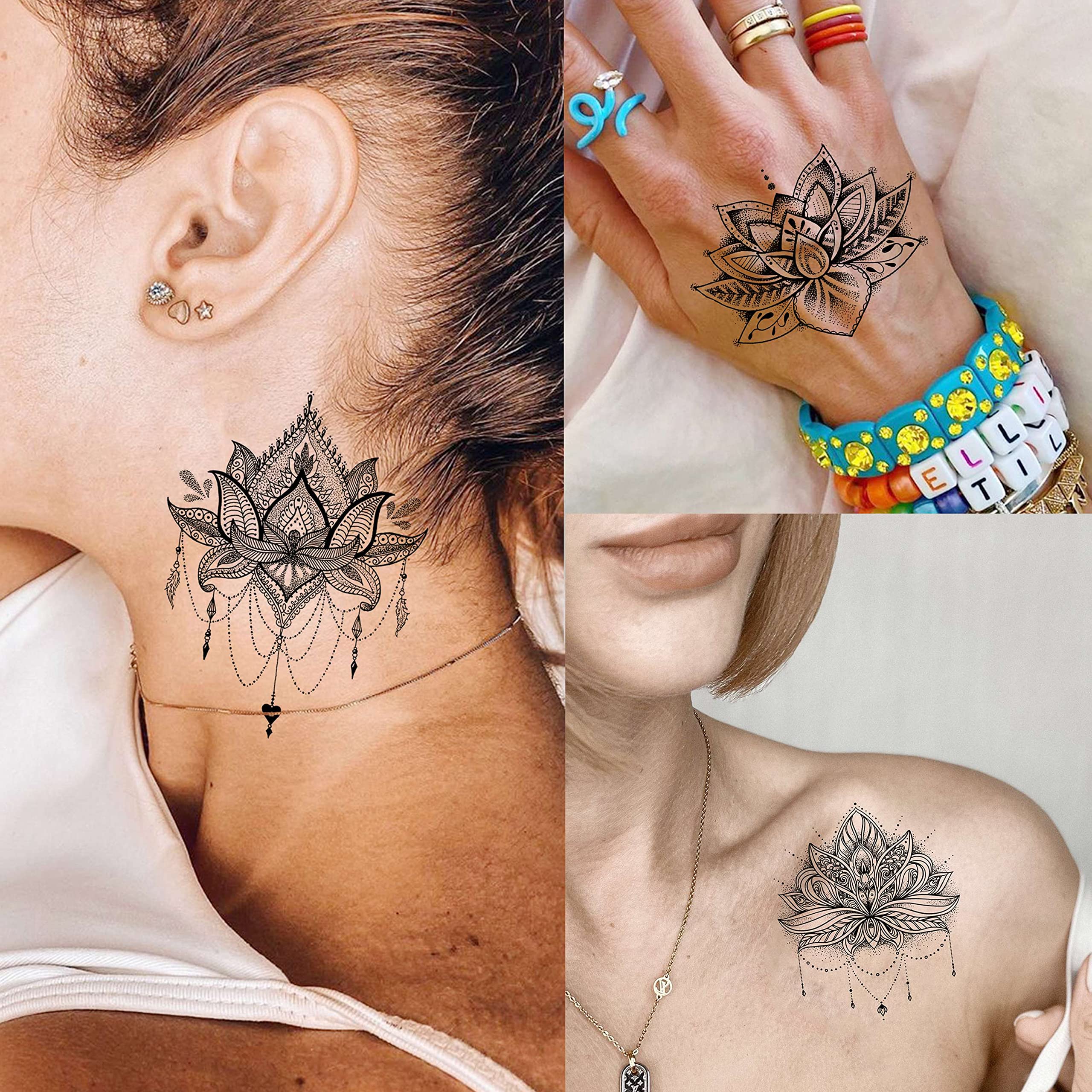 EGMBGM 15 Sheets Sexy Black Lotus Temporary Tattoos For Women Wedding Brides, Tribal Fake Jewelry Pendant Lace Moon Moth Flowers Temp Tattoos Temporary Sticker For Girls Arm Neck Hands Tatoos Jewels